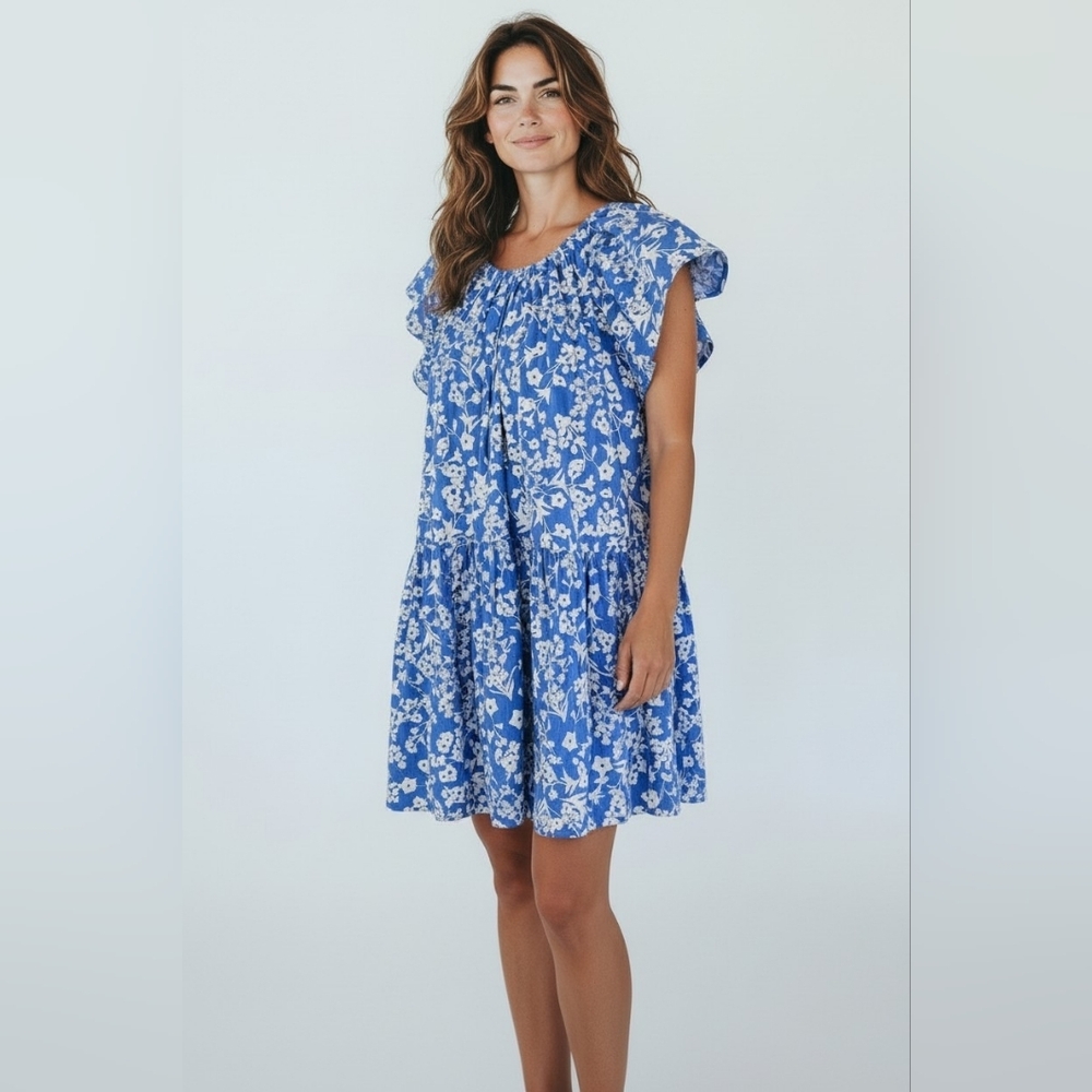 Mud Pie Blue & White Rachel Tiered Floral Mini Dress Misses Size Large NWT